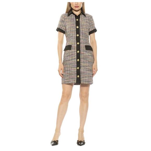 ALEXIA ADMOR Jenni Collar Button Down Tweed Shirt Mini Dress Size Medium Preppy - Picture 2 of 12